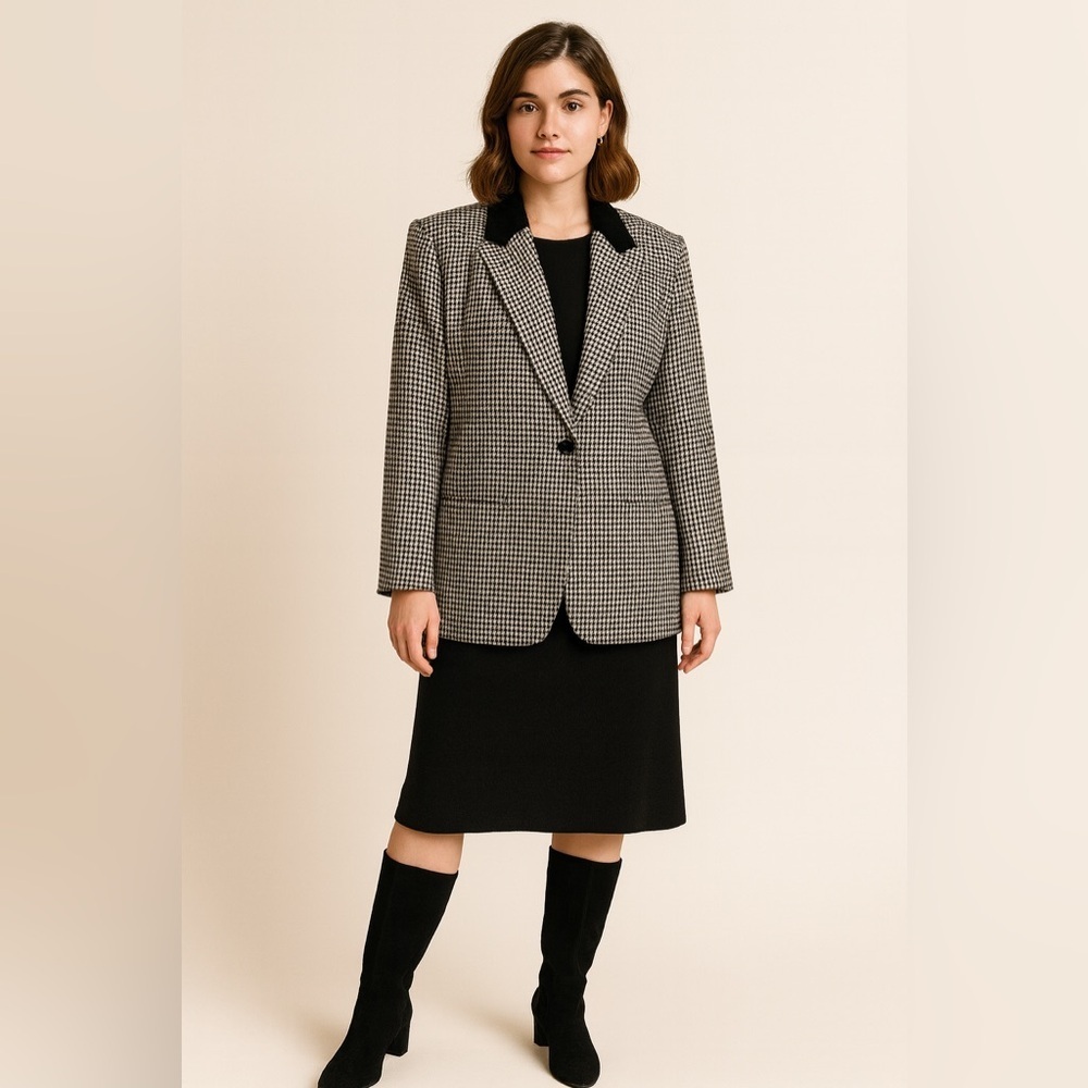 Vintage houndstooth jacket with black velvet collar and shoulder pads
